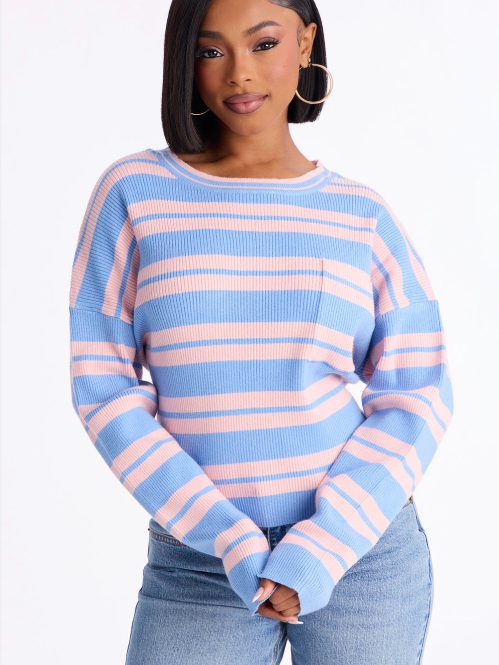 Fashion Nova Blue and Pink Striped Crewneck Sweater